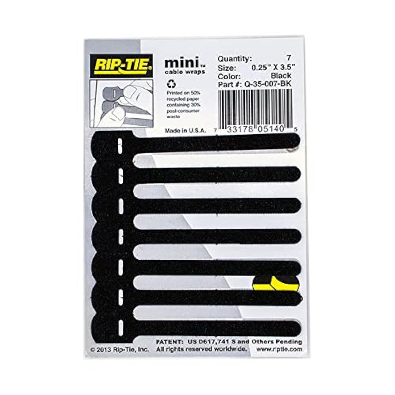 RIP-TIE Mini 1 /4" x 3-1/2" Cable Tie Perfect for USB Cable, Earbud Cords, Cell Phone Cord 7 Pack Black - Image 1